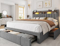 Enhomee Queen Bed Frame with 3 Storage Drawers Upholstered Queen Size Bed Frame with Headboard Noise Free Platform Bed with Metal Frame & Wood Slats Support Beige Bedroom Furniture for Adults Clothes - Queen / Gray / with Storage Shelf