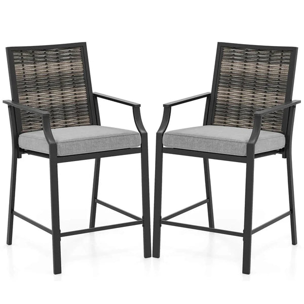Outdoor Metal Bar Stools Set of 2 with Rattan Back, Armrest, Fabric Seat & Cushions, Counter Height Patio Bar Chairs for Poolside, Porch, Backyard