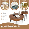 Boho Farmhouse Round Coffee Table Set of 2, Solid Pine Wood Nesting End Table with Metal Legs, Adjustable Foot Pads for Living Room