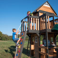 Backyard Discovery Canyon Creek Cedar Wood Swing Set with Wave Slide. Clubhouse. Play Kitchen. Picnic Area. Belt Swings. Web Swing. Rock Wall. Balconies. Playhouse. Step Ladder. Outdoor Playset