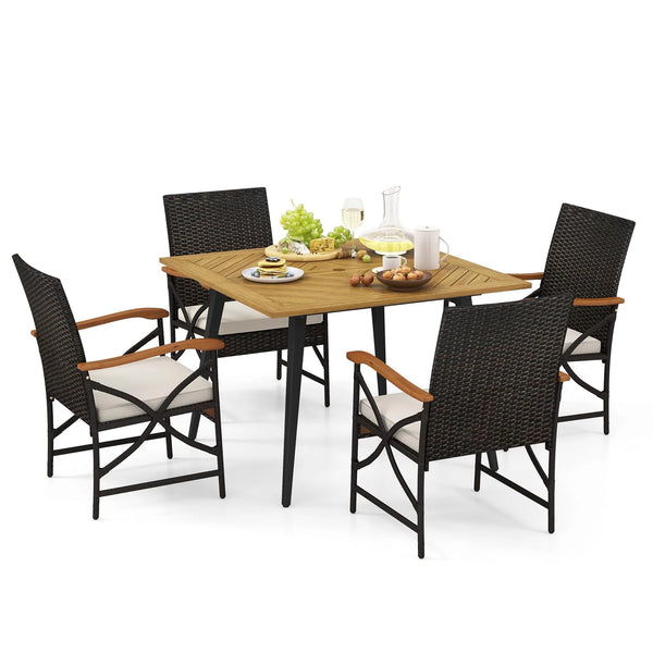 Tangkula 5 Pieces Patio PE Wicker Dining Set, Outdoor Dining Table and Chairs with Cushions