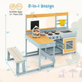 2-in-1 Mud Kitchen & Kids Picnic Table Built-in Bench, Fir Wood Outdoor Play Kitchen Playset with Blackboard, Sink & Cooking Accessories for Ages 3+