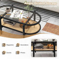 2-Tier Oval Boho Coffee Table with Tempered Glass Top, Rattan Shelf & Acacia Wood Frame, Mid Century Modern Center Table for Living Room Office