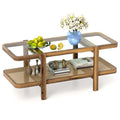 2-Tier Rattan Coffee Table, 47.5" Solid Wood Rectangle Tea Table with Tempered Glass Top & Storage Shelf, Farmhouse Boho Center Table for Living Room
