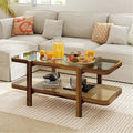 2-Tier Rattan Coffee Table, 47.5" Solid Wood Rectangle Tea Table with Tempered Glass Top & Storage Shelf, Farmhouse Boho Center Table for Living Room