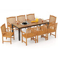 Tangkula Patio Rectangular Table with Umbrella Hole and 8 Solid Acacia Armchairs